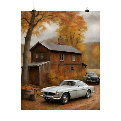 Vintage classic car wall art for home decor featuring a charming autumn scene with old cars and a rustic cabin