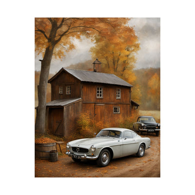 Nostalgic car wall art for home decor featuring vintage cars near a rustic autumn farmhouse