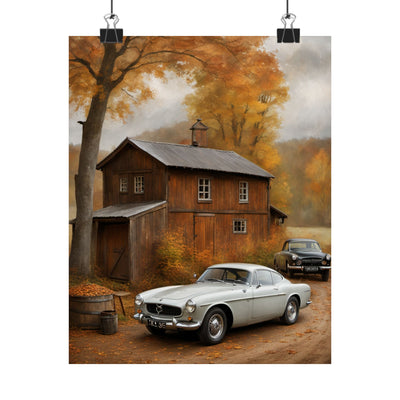 Classic car wall art for home decor featuring vintage cars near a rustic cabin in autumn scenery