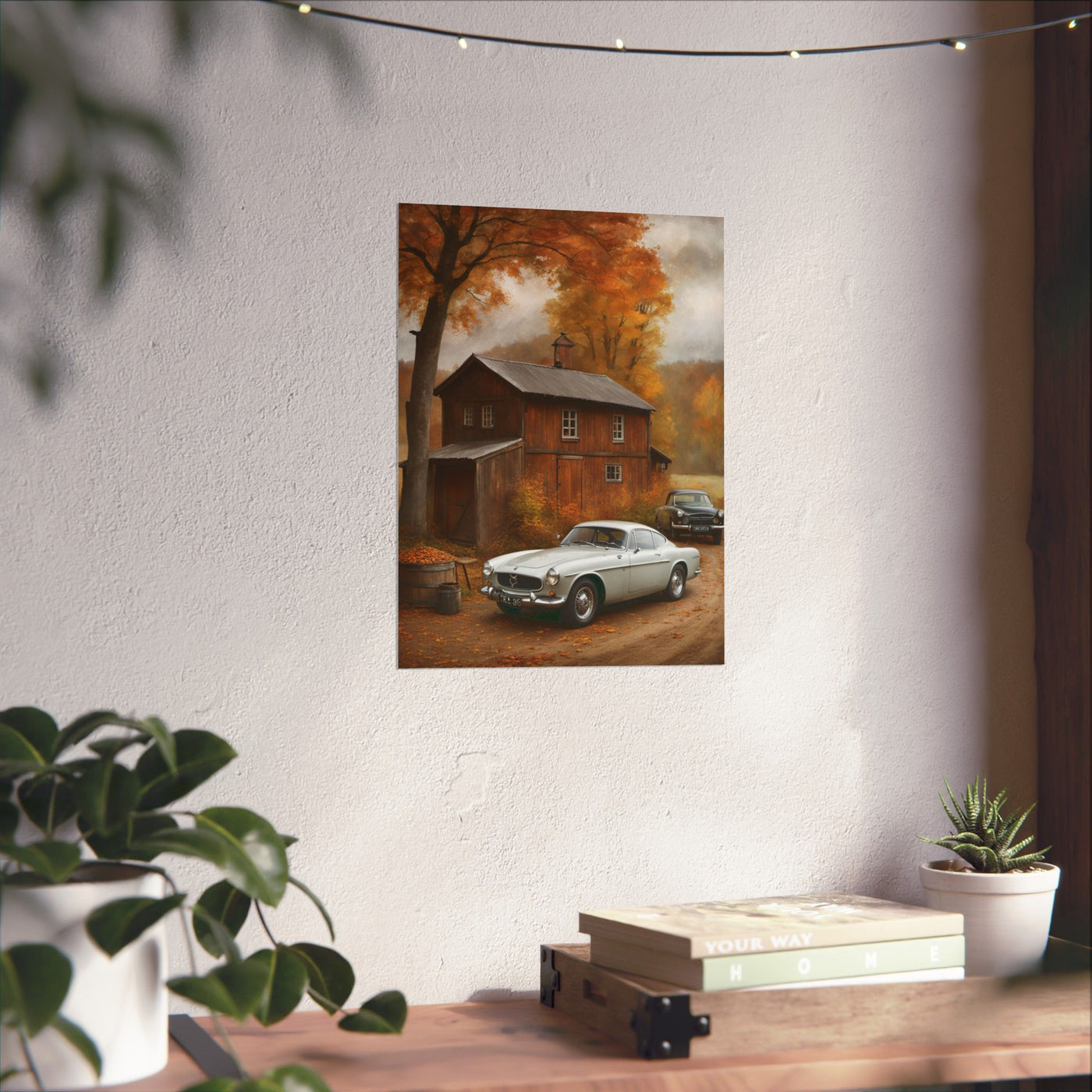Classic car wall art for home decor featuring a vintage car in a scenic autumn landscape