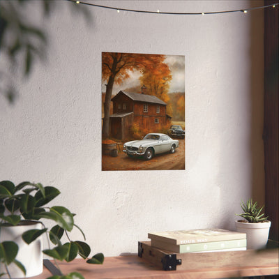 Classic car wall art for home decor featuring a vintage car in a scenic autumn landscape
