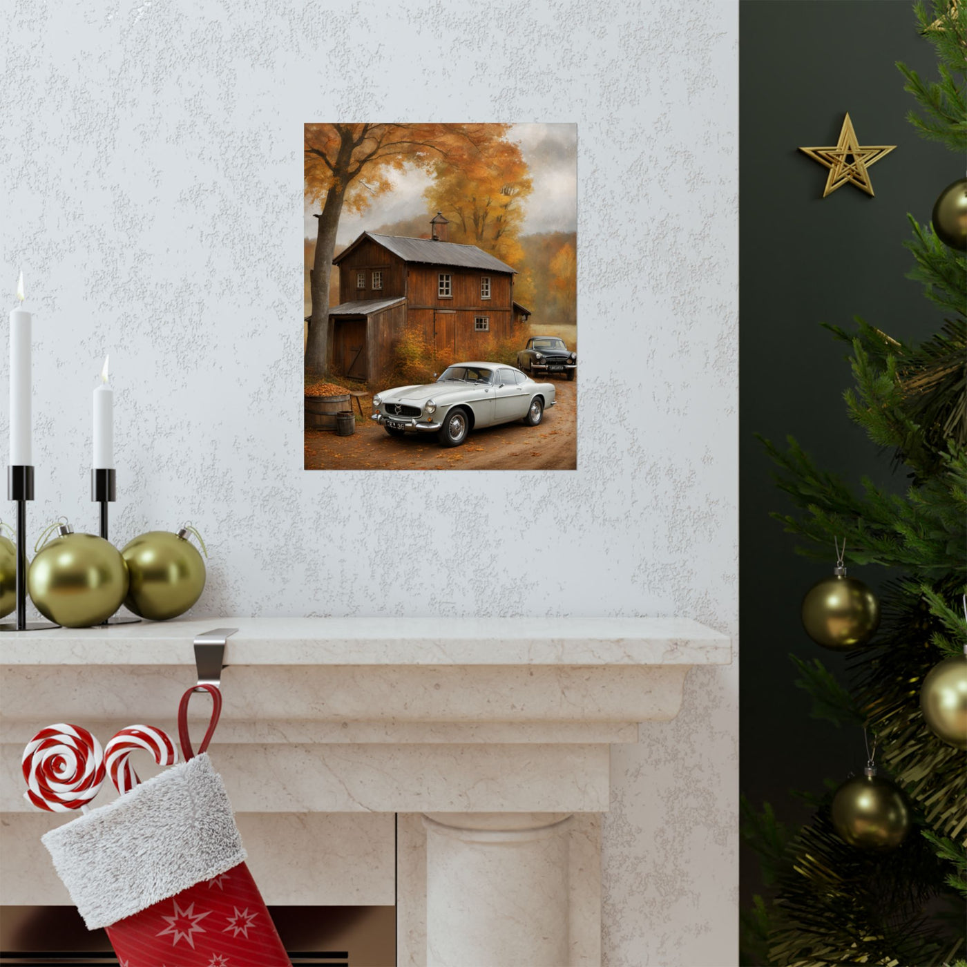 Retro car wall art for home decor featuring a vintage car in an autumn landscape