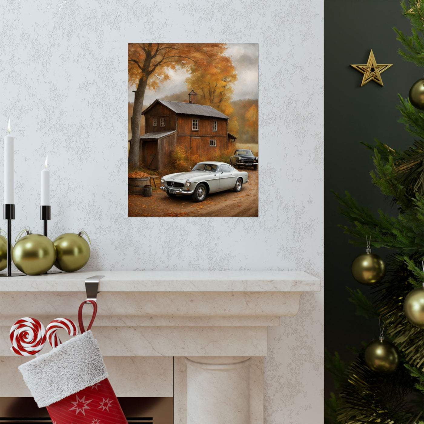 Classic car wall art for home decor featuring a vintage car parked near a rustic cabin in autumn scenery