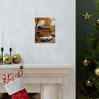 Classic car wall art for home decor featuring a silver car and autumn scenery