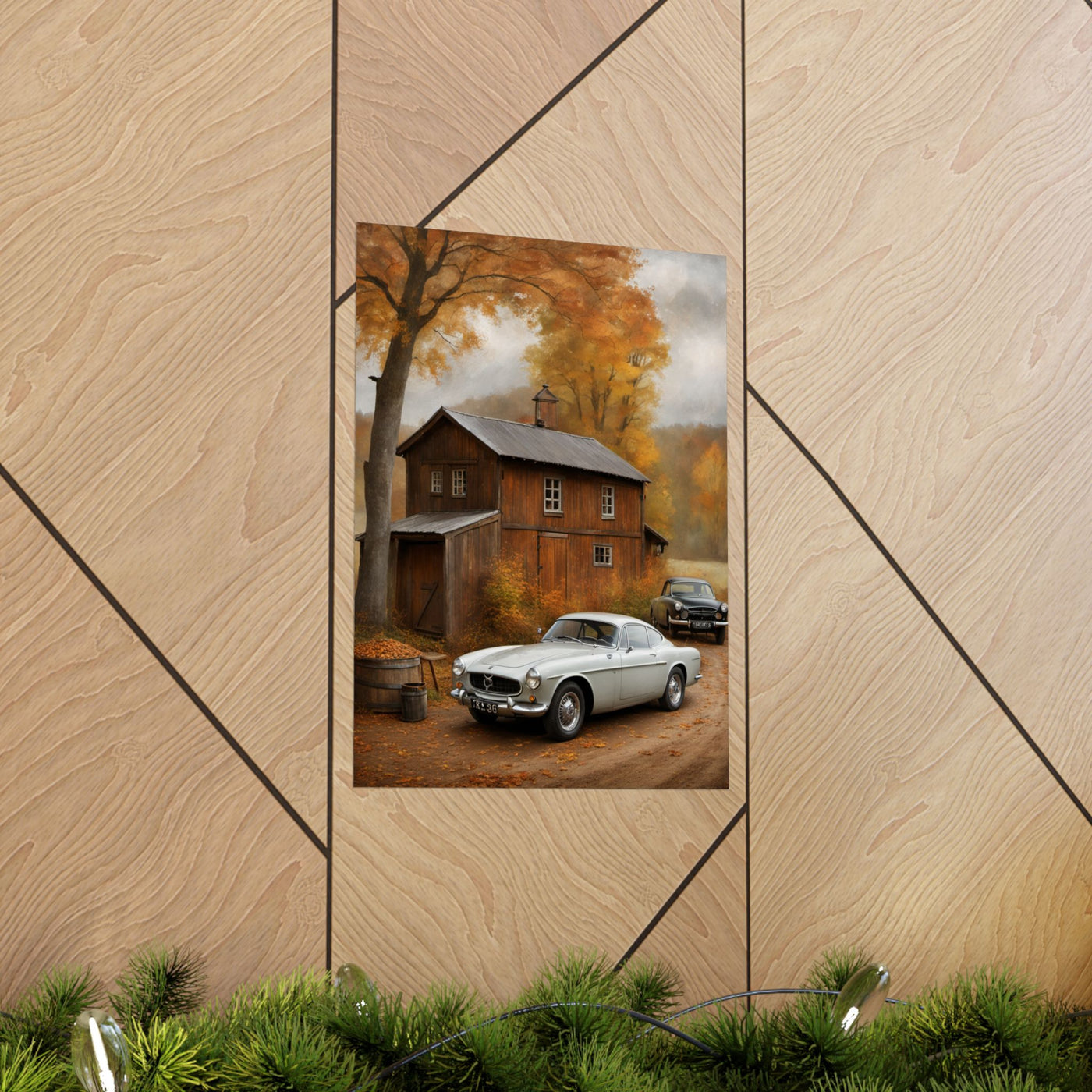 Classic car wall art for home decor featuring a vintage car parked near a rustic cabin in autumn colors