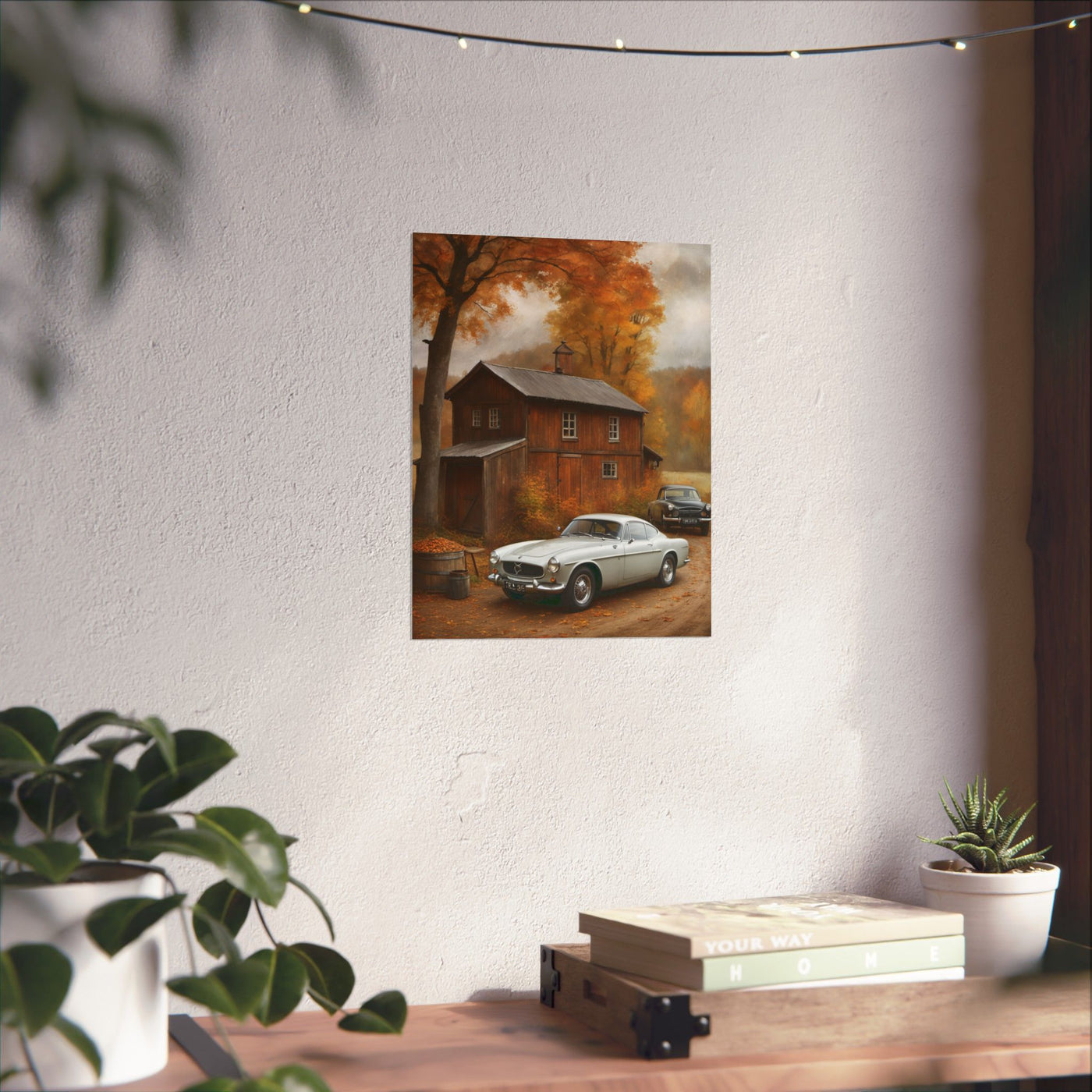 Classic car wall art for home decor featuring a vintage car in an autumn landscape