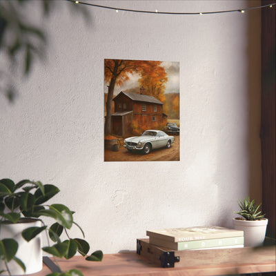 Classic car wall art for home decor featuring a vintage car in an autumn landscape