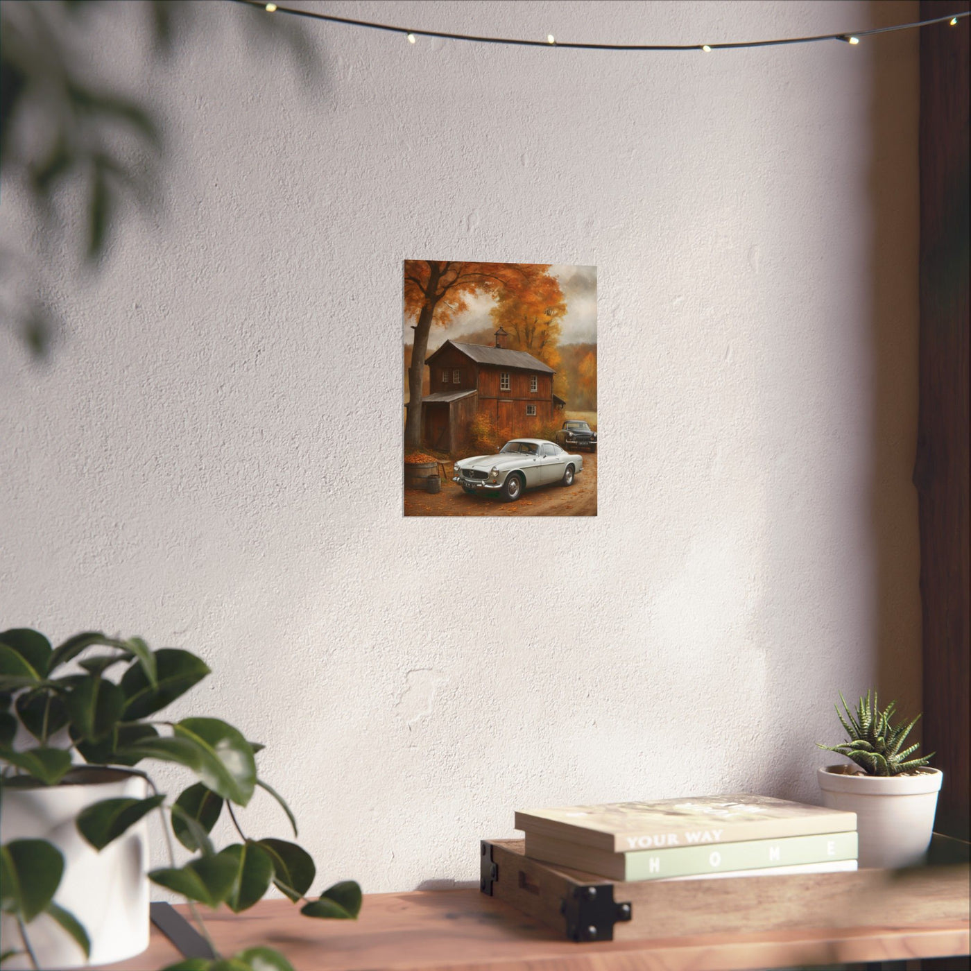 Classic car wall art for home decor featuring vintage cars in an autumn setting