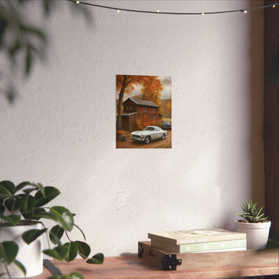 Classic car wall art for home decor featuring vintage cars in an autumn setting