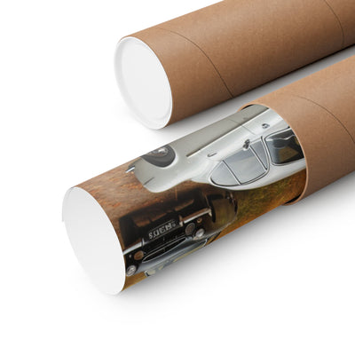 Classic car wall art for home decor rolled up in a protective tube packaging from Printify