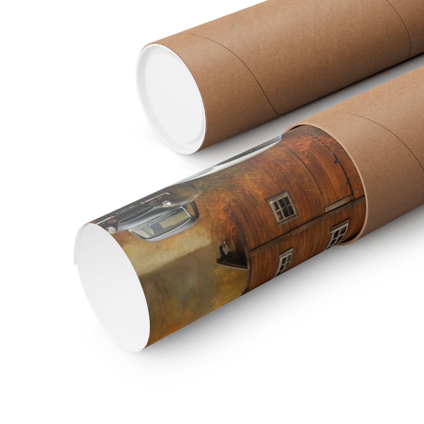 Classic car wall art for home decor rolled in a cardboard tube, showcasing vintage vehicle design