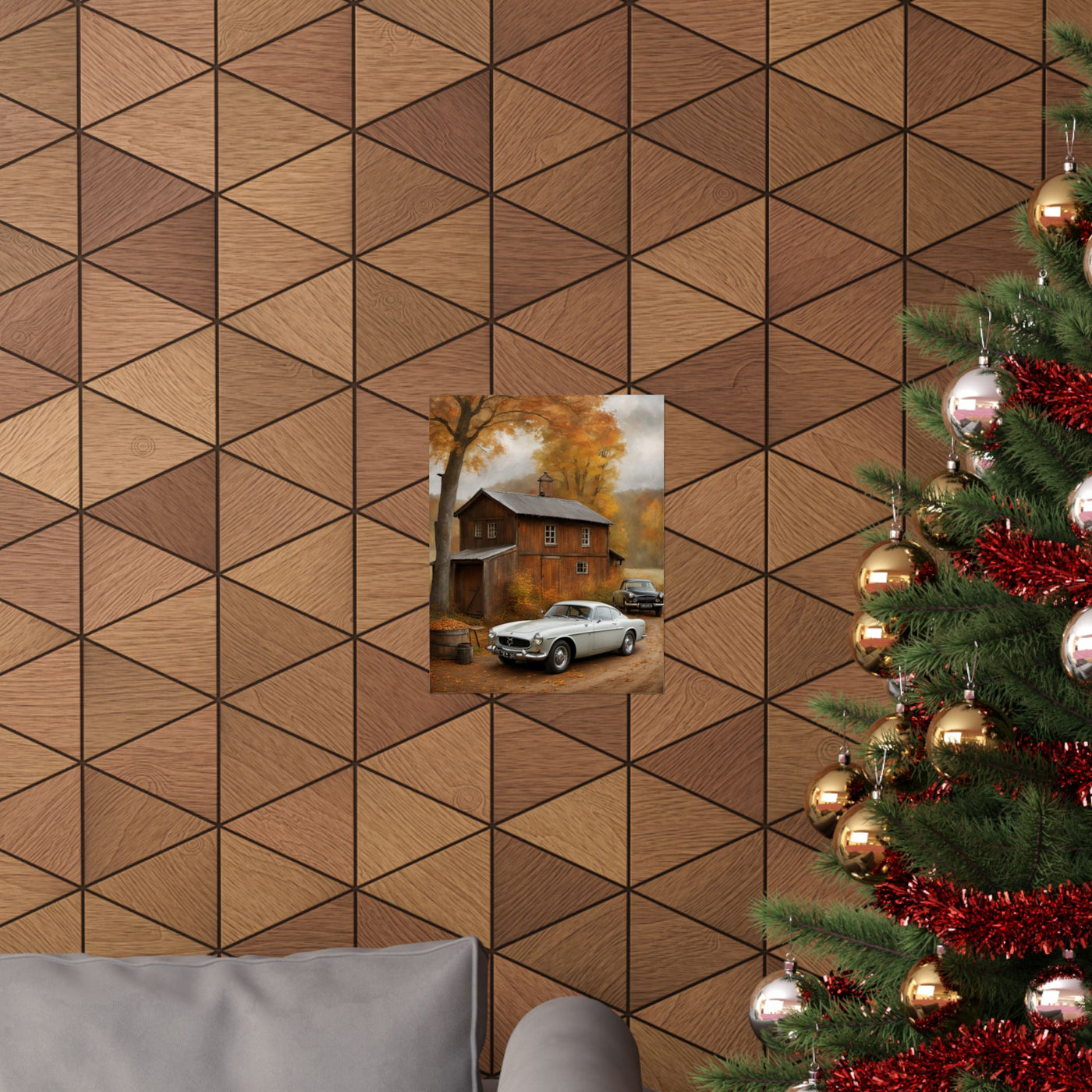 Classic car wall art for home decor featuring a vintage car in a cozy autumn setting