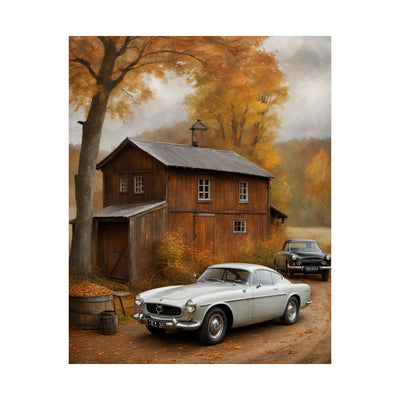 Classic car wall art for home decor featuring vintage cars near a rustic autumn farmhouse