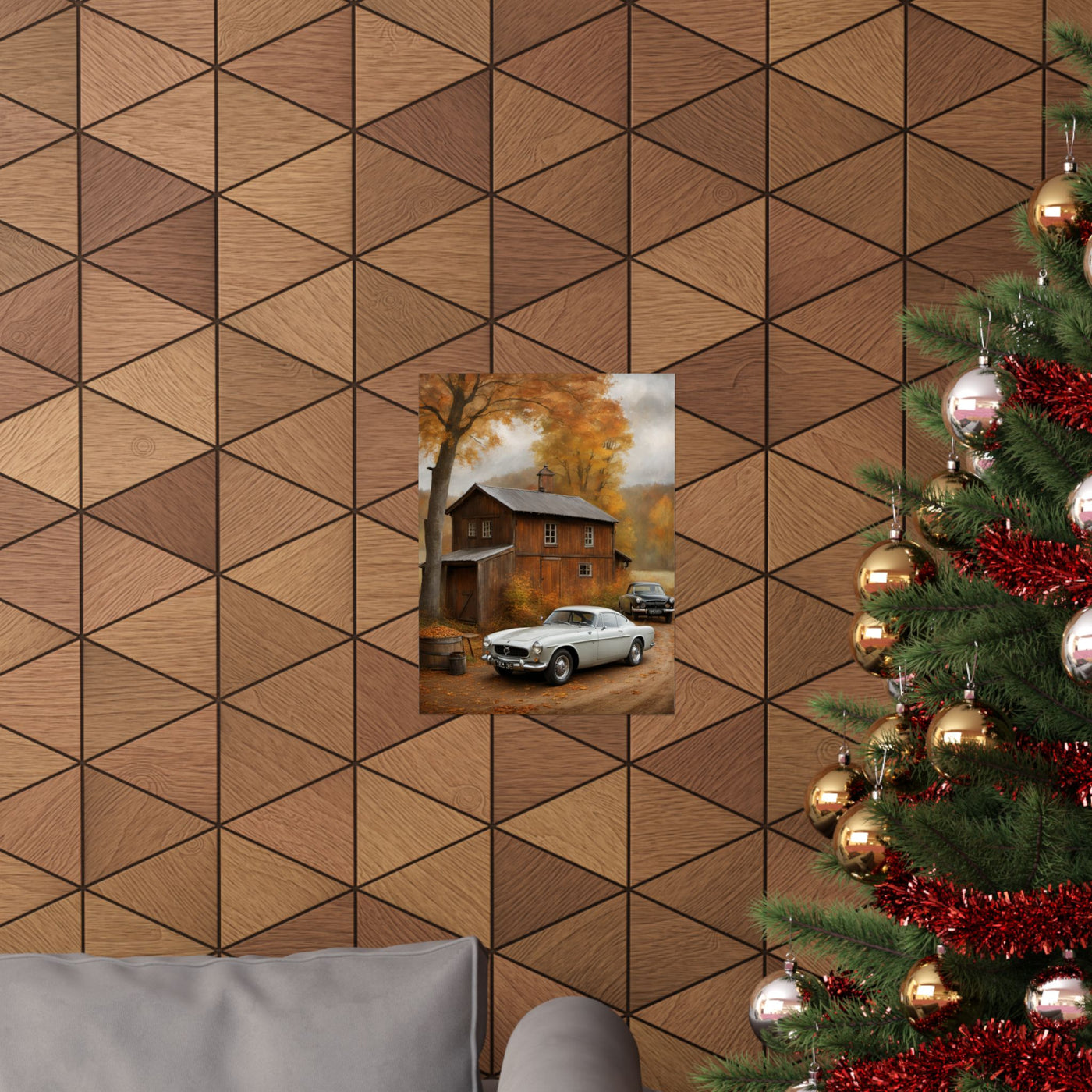 Classic car wall art for home decor featuring vintage cars against a scenic autumn backdrop