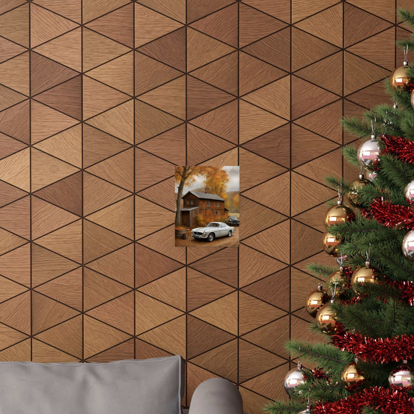Classic car wall art for home decor displayed on a geometric patterned wall