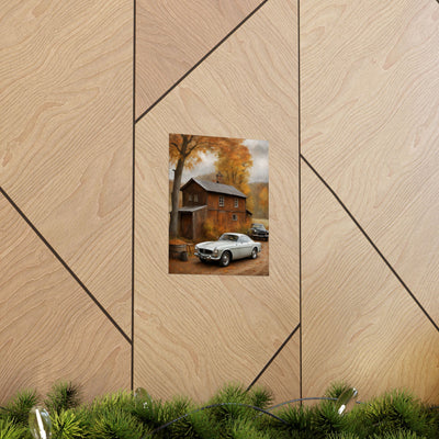 Classic car wall art for home decor featuring vintage cars near a cozy autumn house