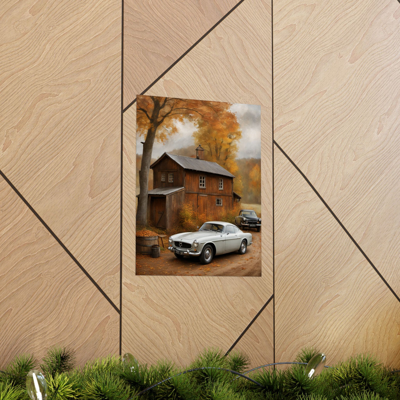 Classic car wall art for home decor featuring vintage cars near a rustic house in autumn scenery