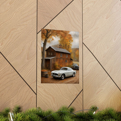 Classic car wall art for home decor featuring vintage cars near a rustic house in autumn scenery