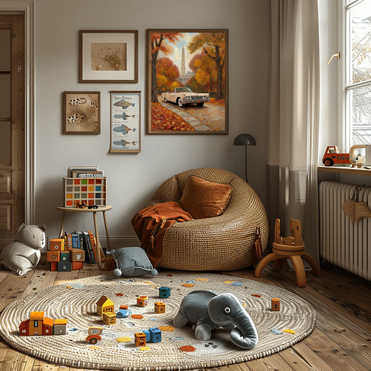 Cozy children's room with classic car wall art by AquilVision featuring autumn scenery above a wicker chair