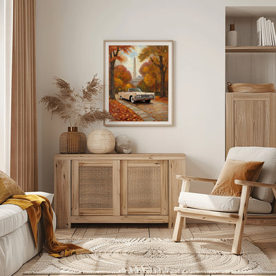 Framed classic car wall art featuring a vintage car on an autumn road in a cozy living room
