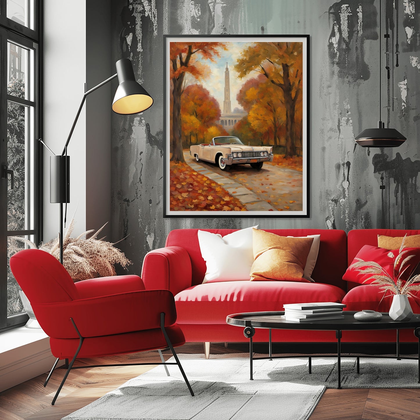 Classic car wall art featuring a vintage car on an autumn street displayed in modern living room