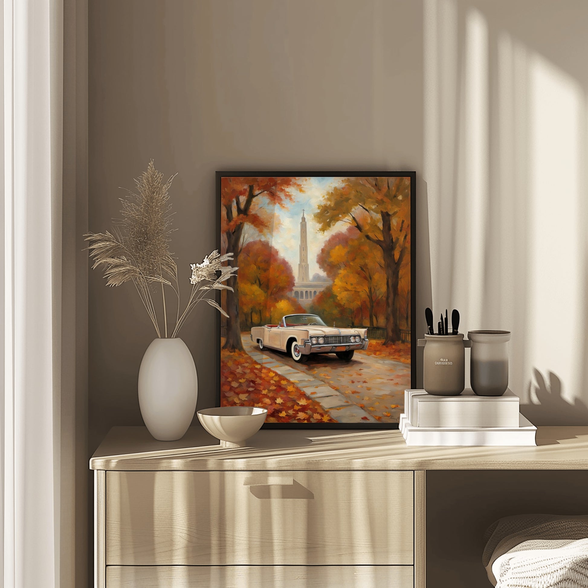 AquilVision classic car wall art digital print showing a vintage car on a fall tree-lined path with a monument in the background