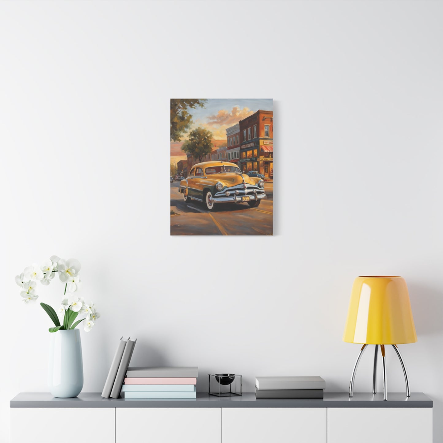 Classic Car Wall Art featuring a vintage car in a charming street setting