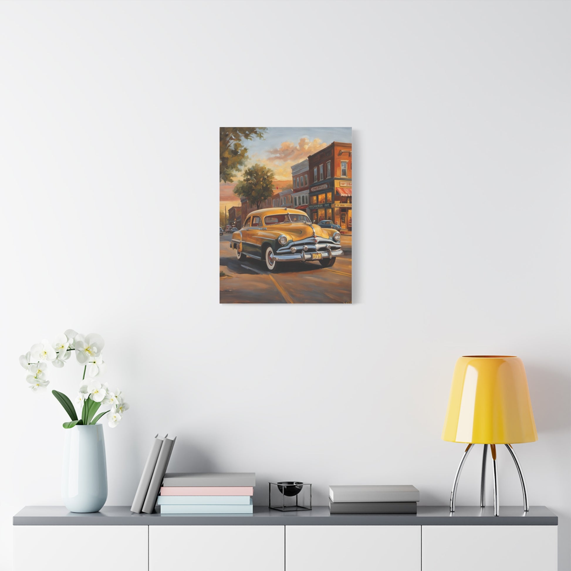 Classic Car Wall Art featuring a vintage car in a charming street setting