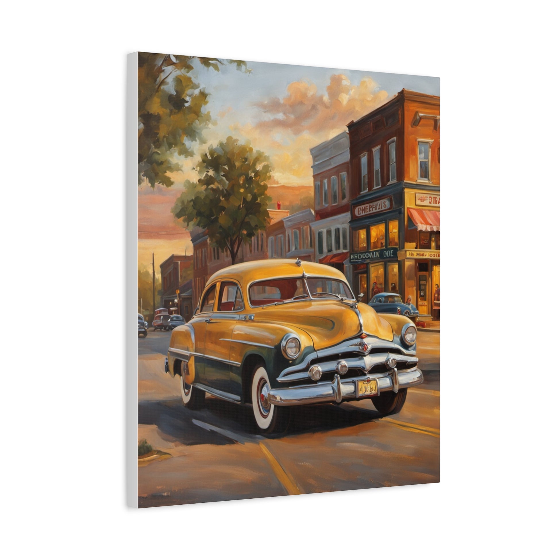 Classic Car Wall Art featuring a vintage yellow car parked in a charming street scene