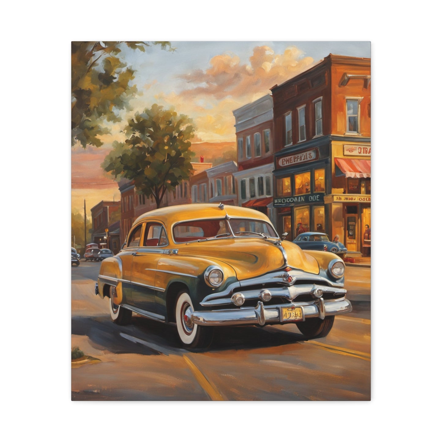 Classic Car Wall Art featuring a old yellow car on a city street during sunset