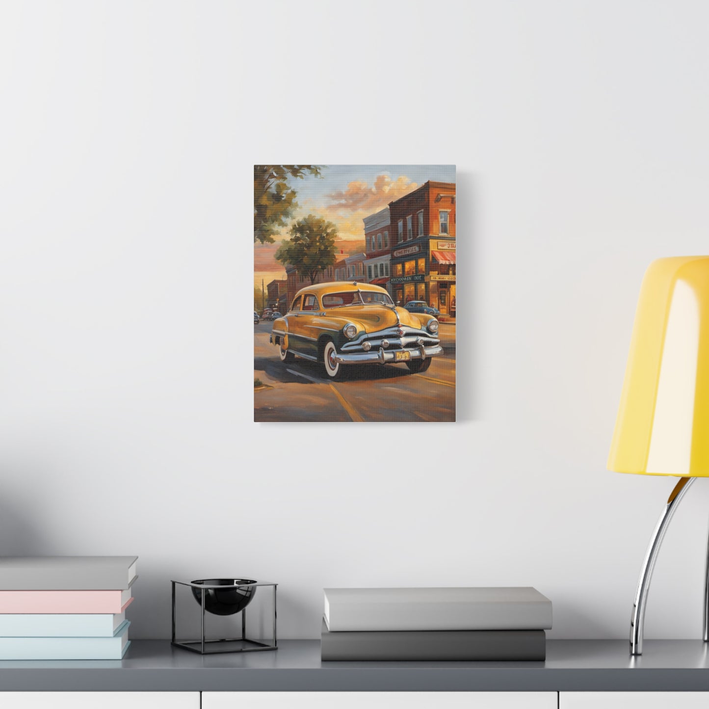 Classic Car Wall Art depicting a vintage yellow car on a city street at sunset