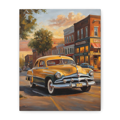 Classic Car Wall Art featuring a vintage yellow car on a street with buildings at sunset