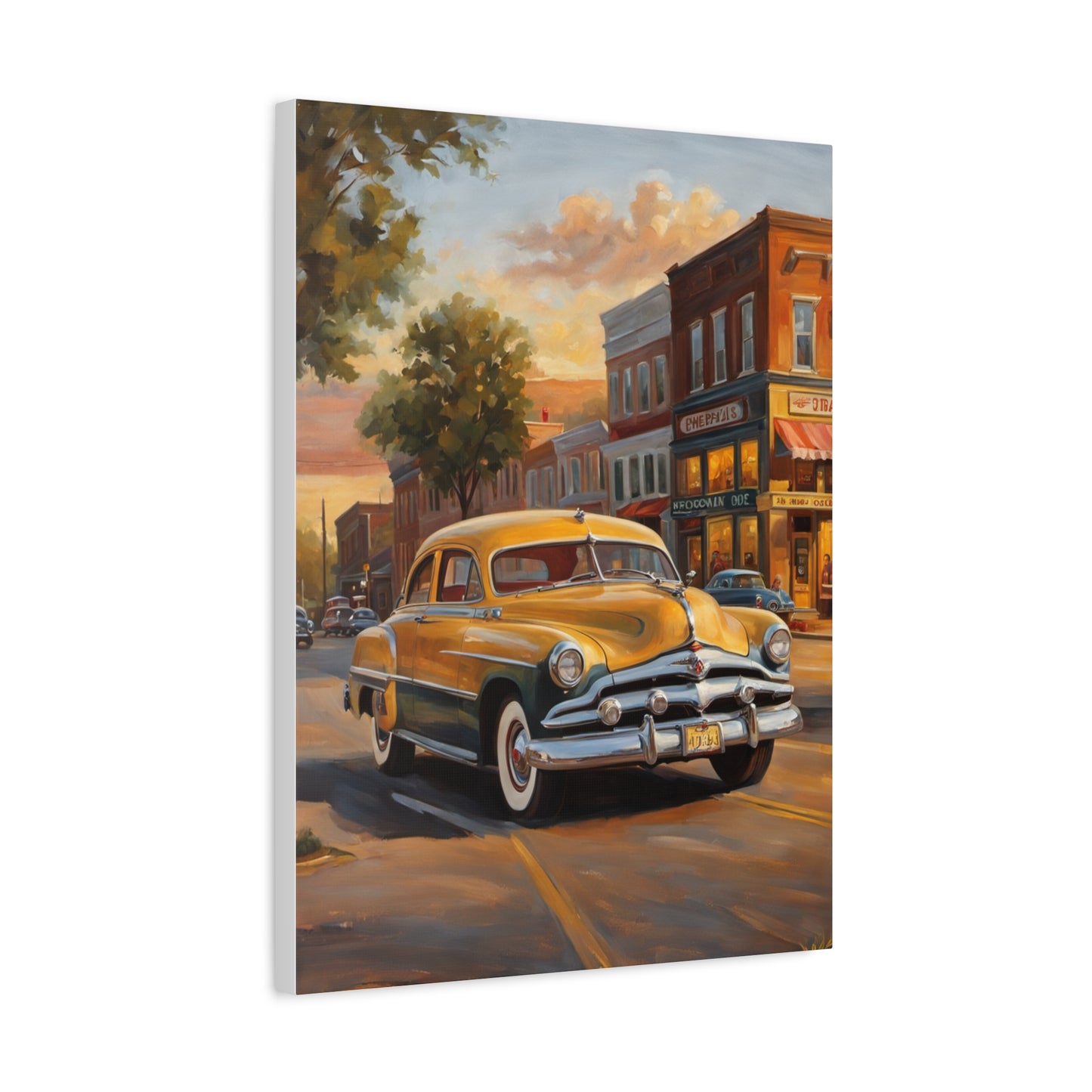 Classic Car Wall Art featuring a vintage yellow car in a charming town setting