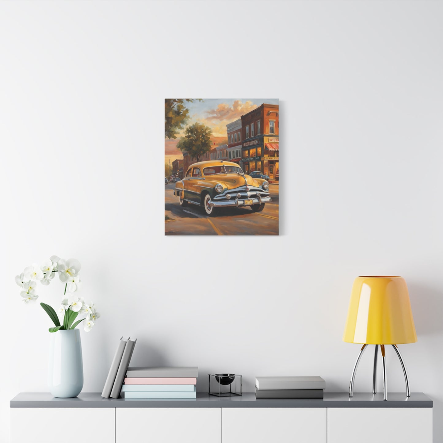 Classic Car Wall Art showcasing a vintage car on a serene city street at dusk
