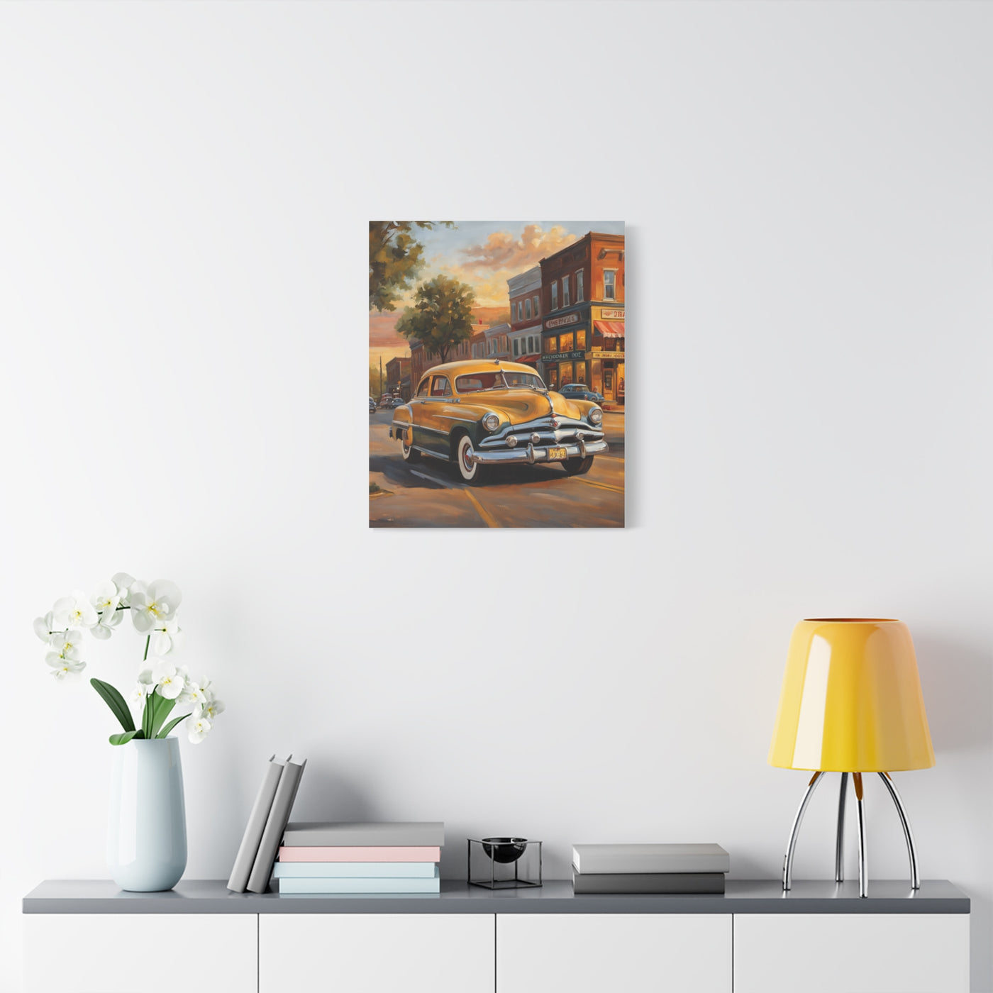 Classic Car Wall Art showcasing a vintage car on a serene city street at dusk
