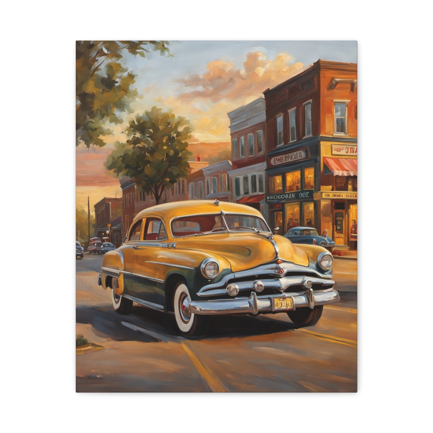 Classic Car Wall Art featuring a vintage yellow car on a city street during sunset