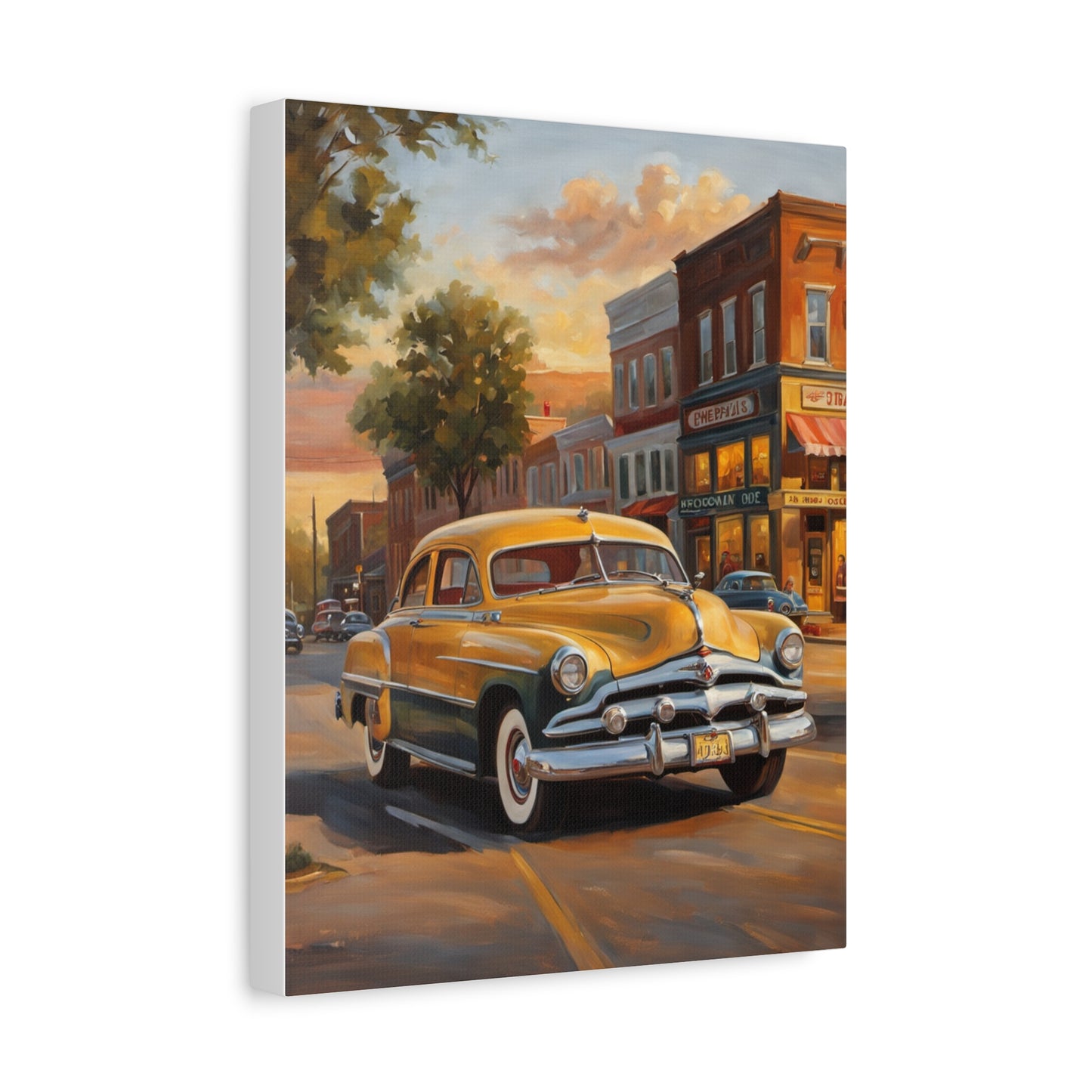 Vintage yellow classic car wall art on canvas depicting a picturesque street scene