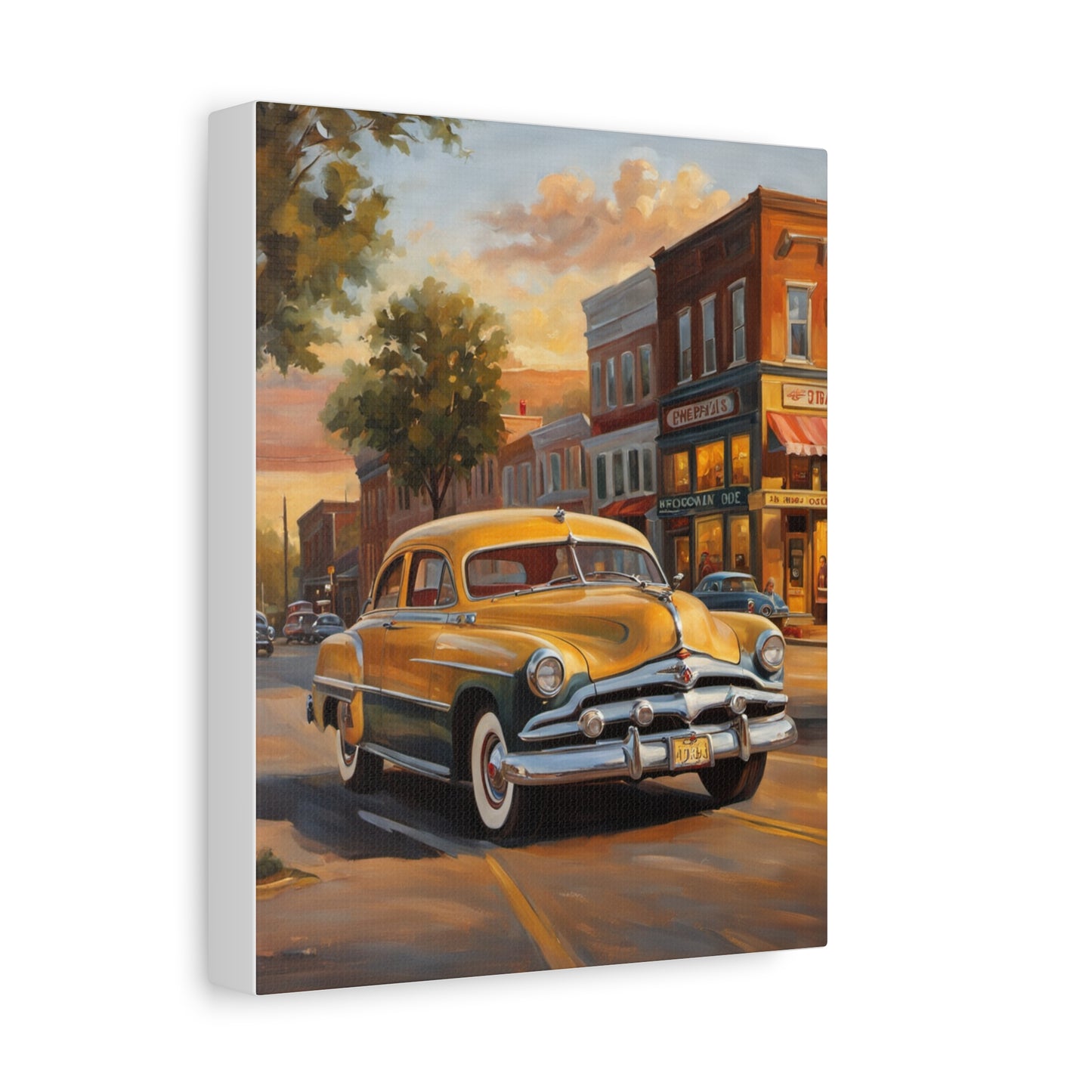 Classic Car Wall Art featuring a vintage yellow car in a picturesque street scene