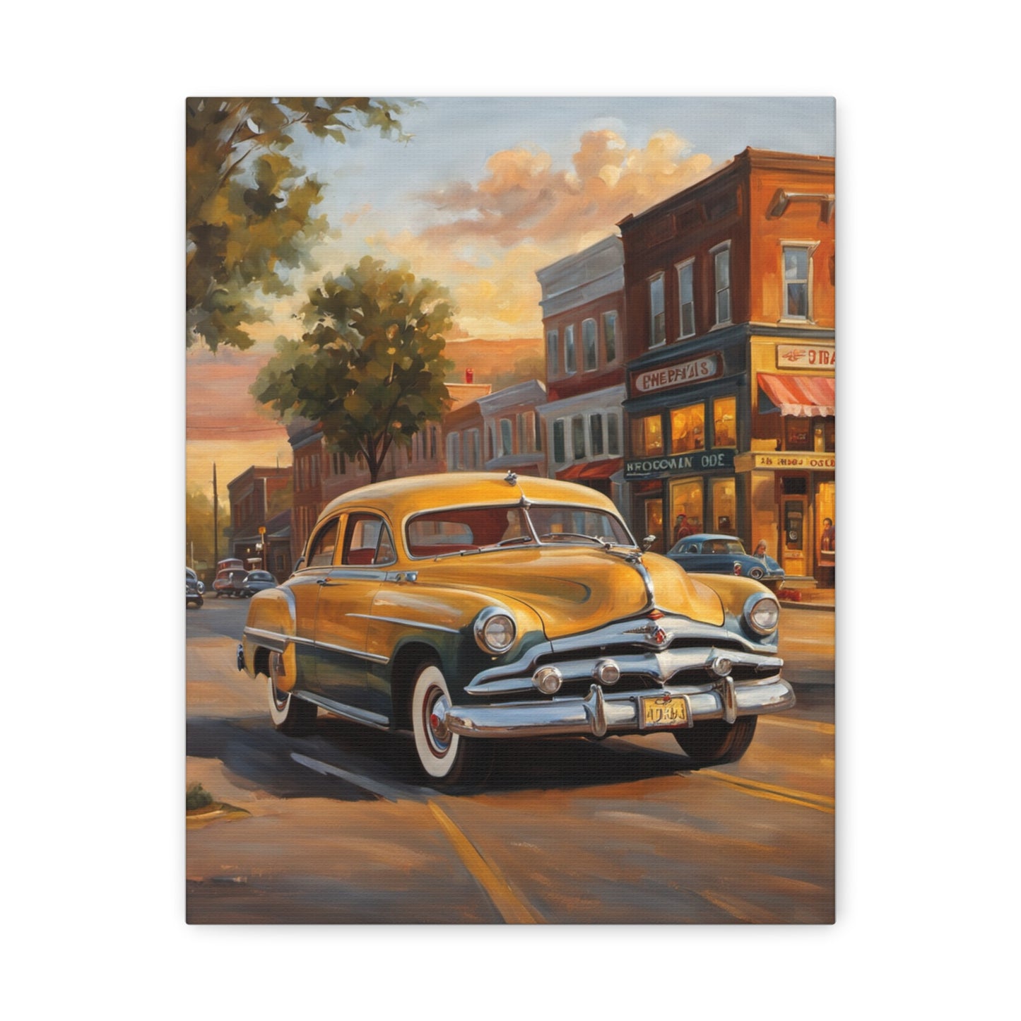 Classic Car Wall Art featuring a vintage car on a street during sunset