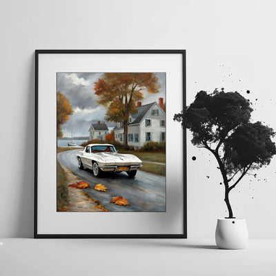 AquilVision digital print quiet harbor artwork for living room framed coastal scene with classic car in autumn