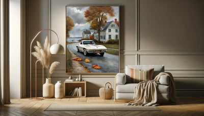 AquilVision quiet harbor artwork for living room depicting vintage car on coastal village street in autumn digital print