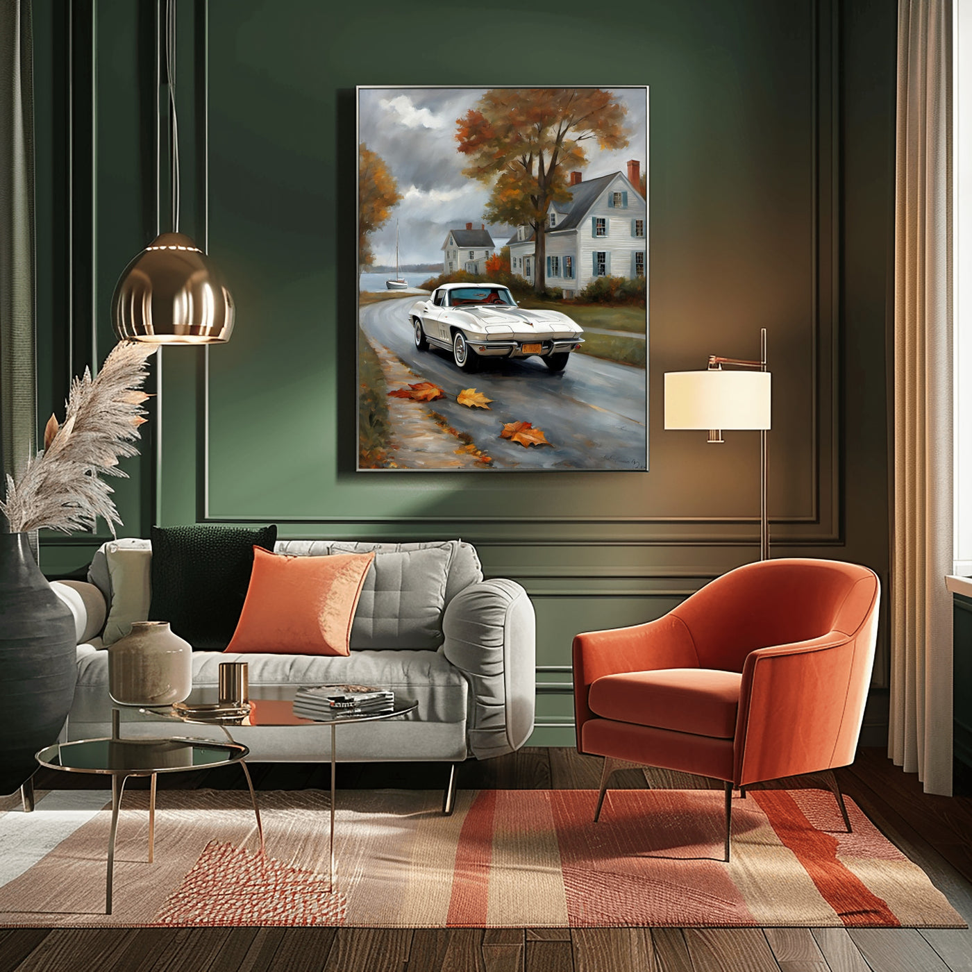 AquilVision digital print quiet harbor artwork for living room showing autumn coastal painting with classic car above modern sofa