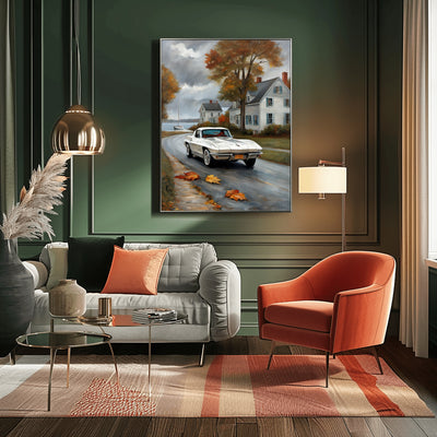AquilVision digital print quiet harbor artwork for living room showing autumn coastal painting with classic car above modern sofa