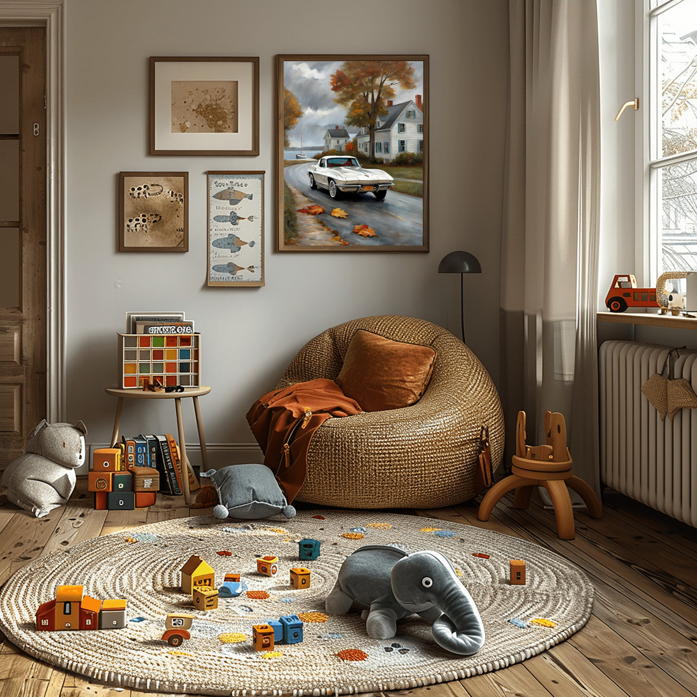 AquilVision quiet harbor artwork for living room digital print hung above wicker lounge chair in cozy family playroom