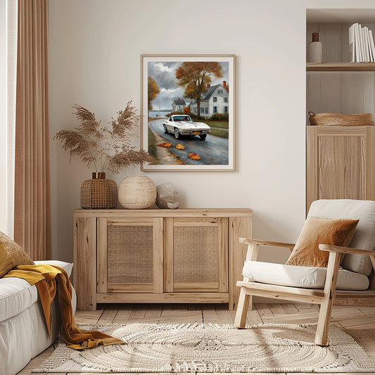 AquilVision framed painting of a vintage car on a rainy town street above wooden sideboard quiet harbor artwork for living room