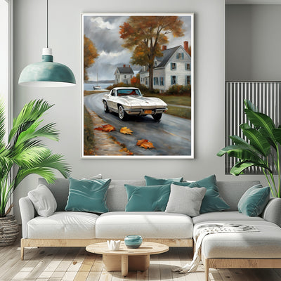 AquilVision quiet harbor artwork for living room showing framed autumn harbor scene with vintage car on wet road