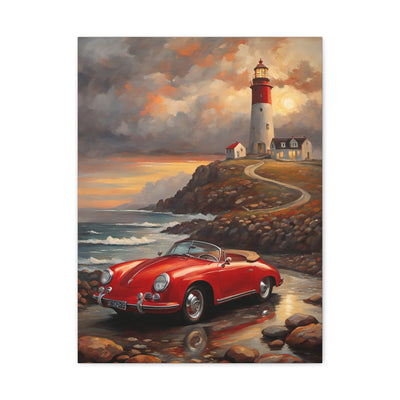 Coastal home vintage car artwork featuring a retro red car by a lighthouse during sunset