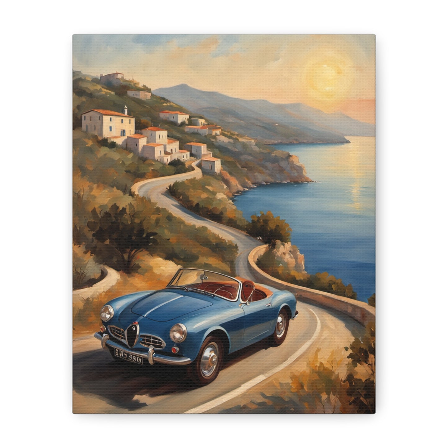 Coastal Sunset Canvas featuring a vintage blue car driving along a scenic coastal road