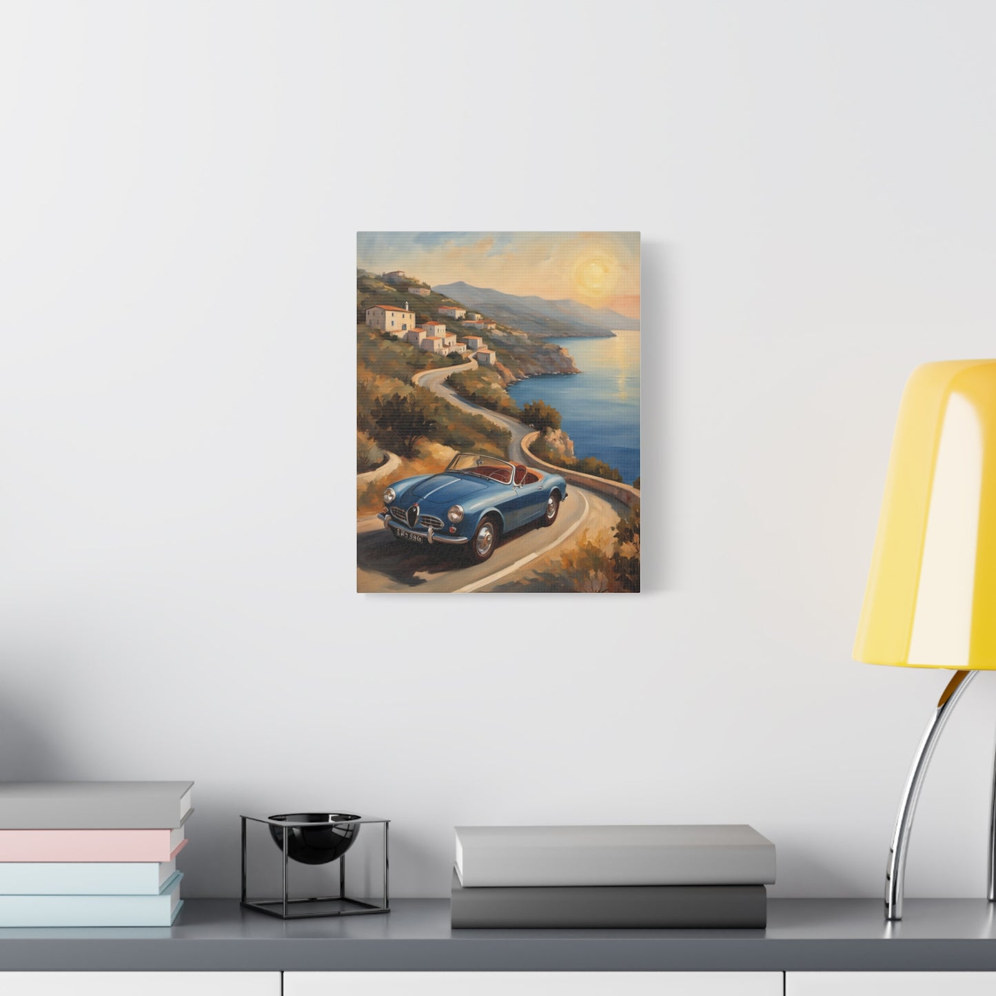 Coastal Sunset Canvas featuring a classic car on a scenic coastal road with vibrant sunset colors