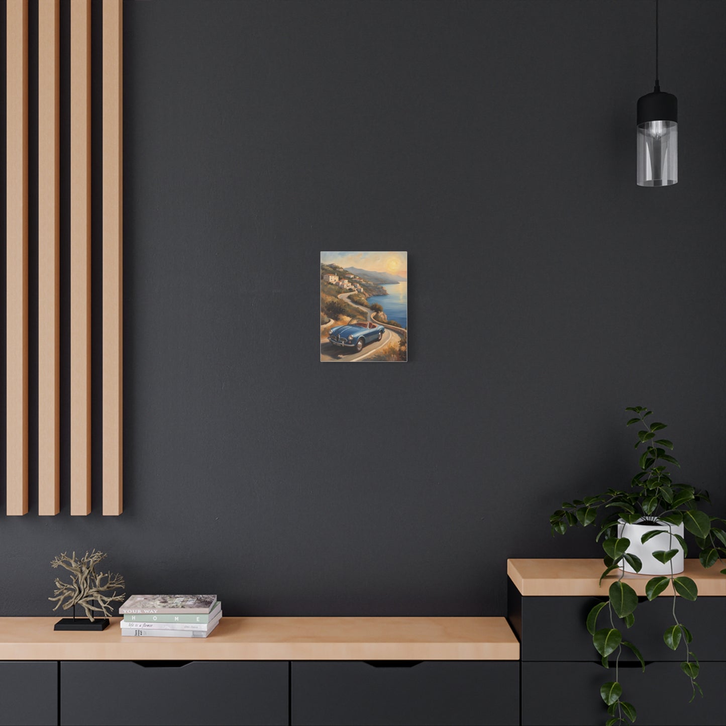 Coastal Sunset Canvas artwork framed on a modern dark wall with stylish decor